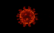 An animation of a coronavirus particle changing color