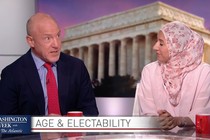 Asma Khalid, the White House correspondent for The NPR Politics Podcast, and Mark Leibovich, a staff writer at The Atlantic, pictured talking on the Washington Week set, above a chyron reading "Age & Electability"