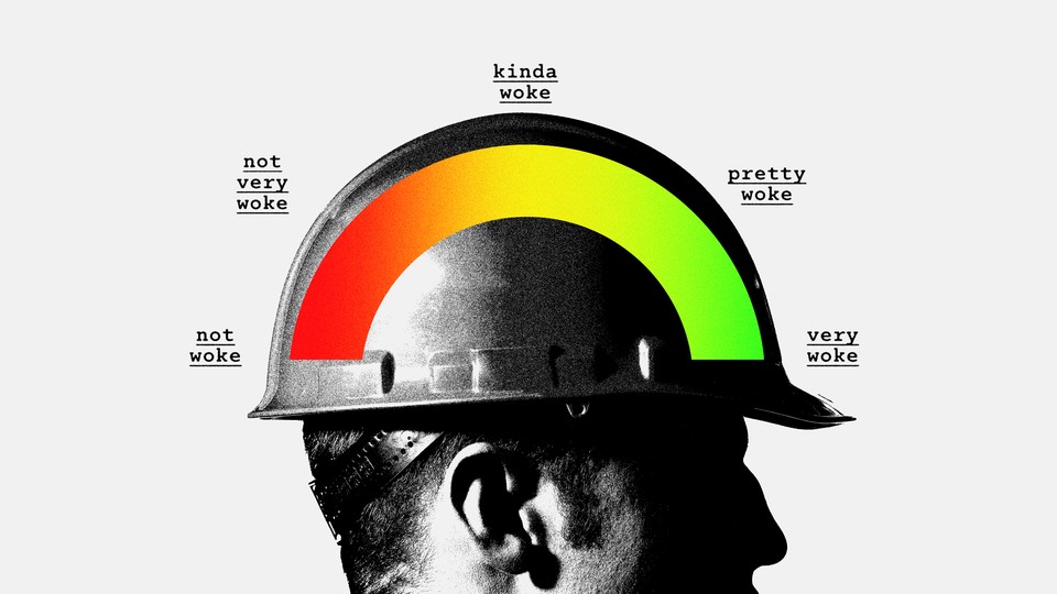 A man in a hard hat whose dome displays a spectrum of varying levels of "wokeness"