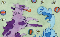 illustration of playful purple dog and blue dog romping with tongues out, surrounded by striped balls and bees