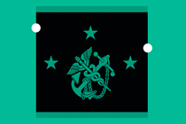 The logo of the U.S. Public Health Service: A medical staff with two snakes intertwined and wings is crossed with a Marine anchor; three stars appear, one at left, one at right, and one above