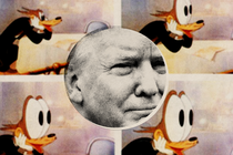 An illustration showing Donald Trump superimposed over a cartoon character with wide eyes