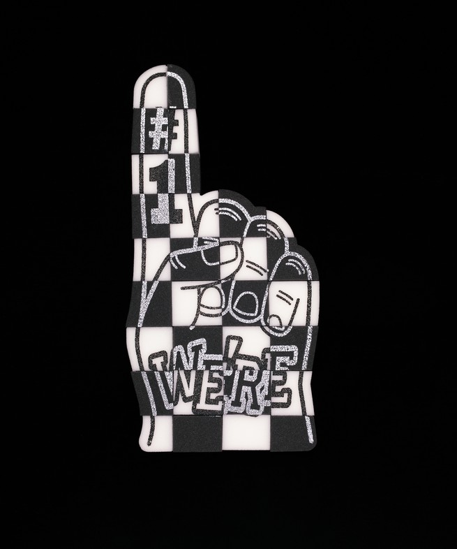 #1 foam finger turned into a black/white checkerboard racing flag