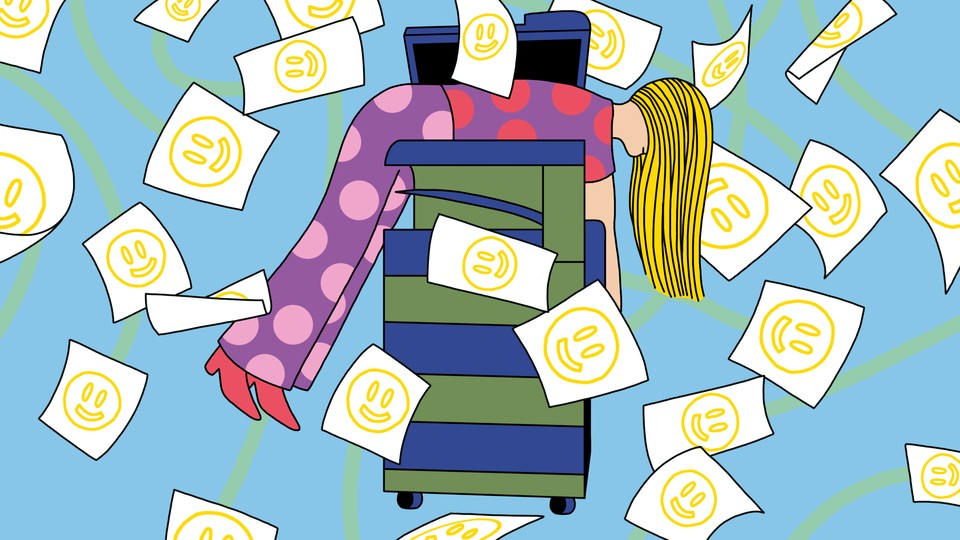 An illustration of a woman lying across a photocopier with sheets of paper flying around showing happy faces.