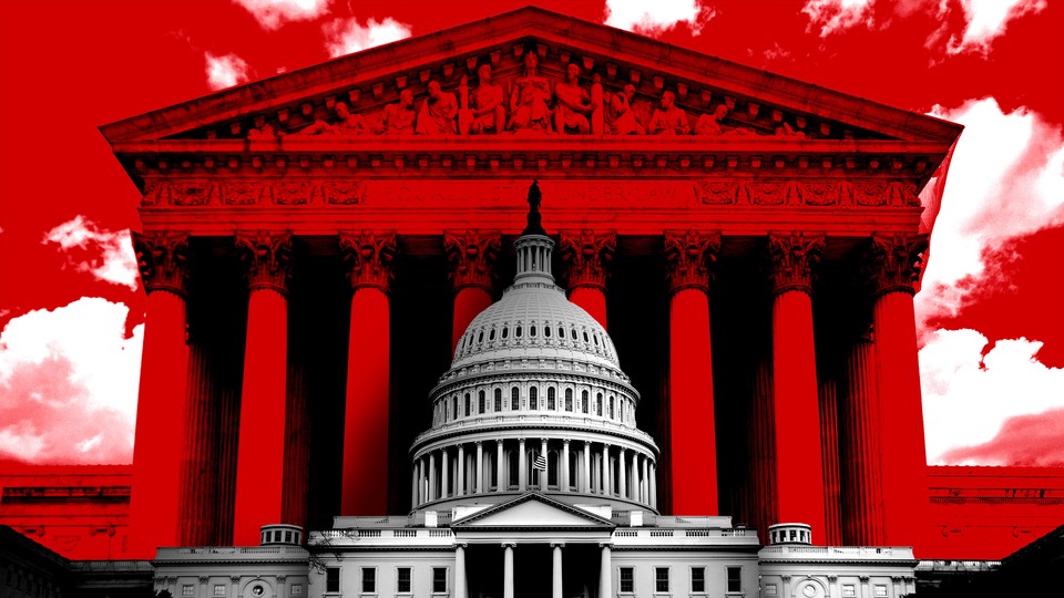 Illustration of a red Supreme Court building towering over the U.S. Capitol.