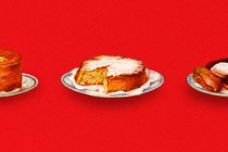 Three illustrations of French cakes on plates.