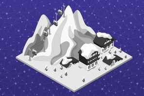 A computer graphic illustration of a small ski resort against a purple background