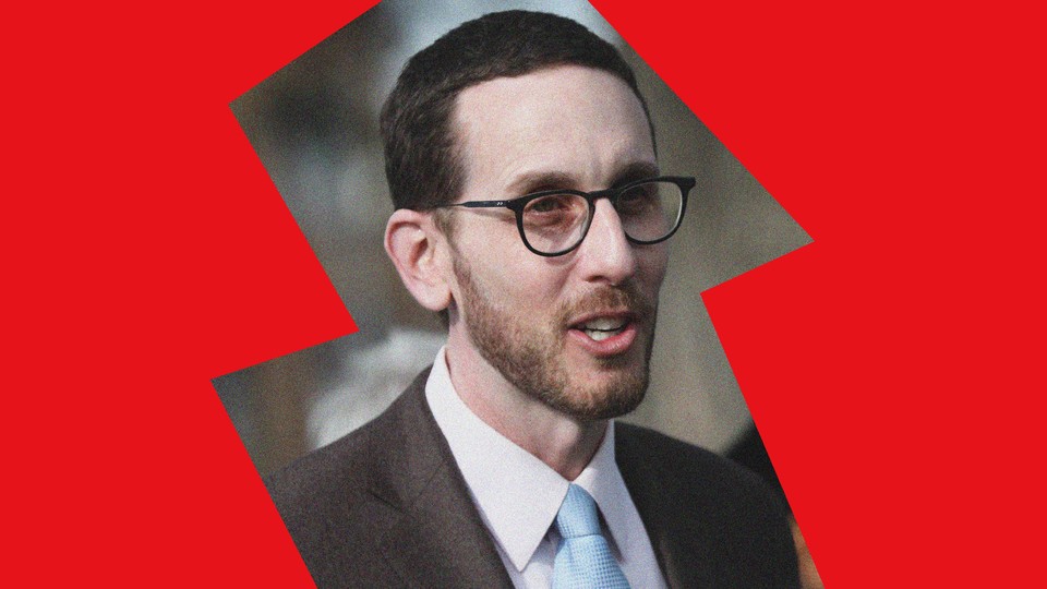 A jagged-edge picture of Scott Wiener wearing glasses, on a red background
