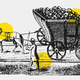 Black-and-white illustration (with yellow dots) of a horse pulling a cart full of coal