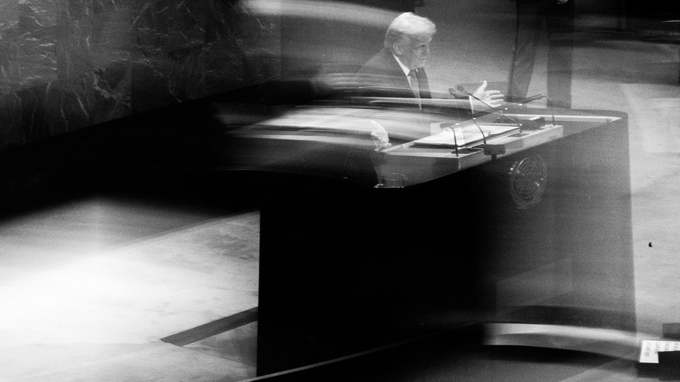 Black-and-white photo of President Donald Trump delivering his annual United Nations General Assembly address.