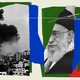 A photo collage of the Iranian leader Ali Khamenei and smoke billowing over Gaza City on October 7