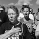 Black and white photo of Trump rally attendees