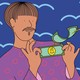 A mustachioed man with a bowl cut wearing a polka-dot shirt, holding a dollar bill with a smiley face as the dollar-bill multiplies and flies away, in front of a blue background with light-blue squiggles