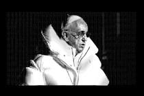 A black-and-white, AI-generated image showing the pope in a white puffy jacket