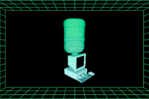 GIF of a water cooler attached to the top of an old desktop computer
