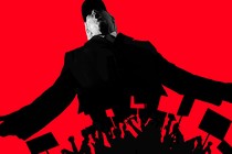 Illustration with Donald Trump stretching his arms at his side while protesters raise signs and fists beneath him