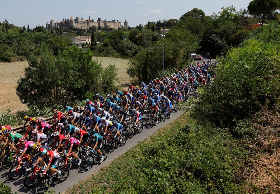 Dozens of professional cyclists ride closely together on a country road.