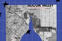 An illustration showing the map of Silicon Valley with a cut out shaped like the Capitol Hill building.