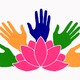 An illustration featuring a lotus flower and green, yellow, and blue hands