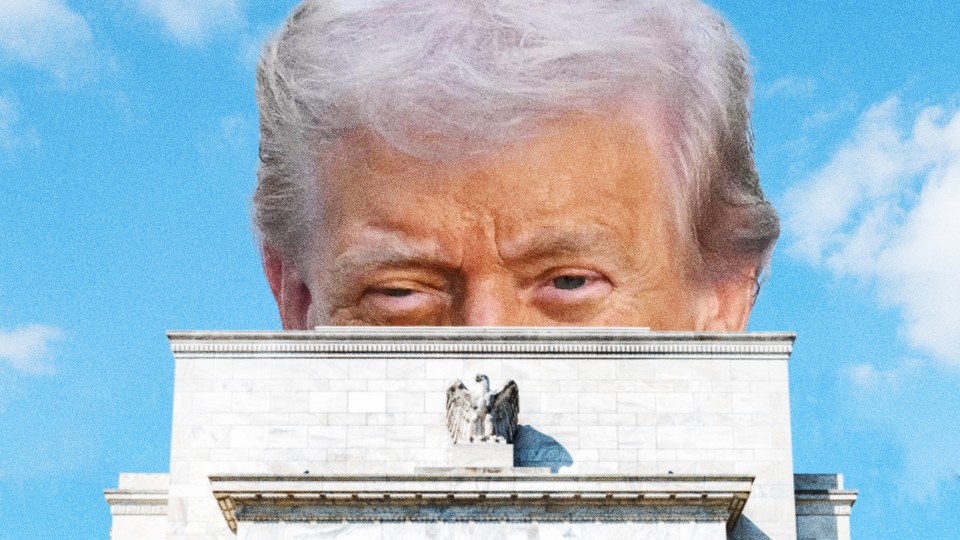 Illustration of Donald Trump’s head peering over the roof of the Federal Reserve building