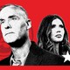 Graphic illustration showing cut-out black-and-white photos of Kristi Noem and Corey Lewandowski set against a red background with repeating DHS logos.
