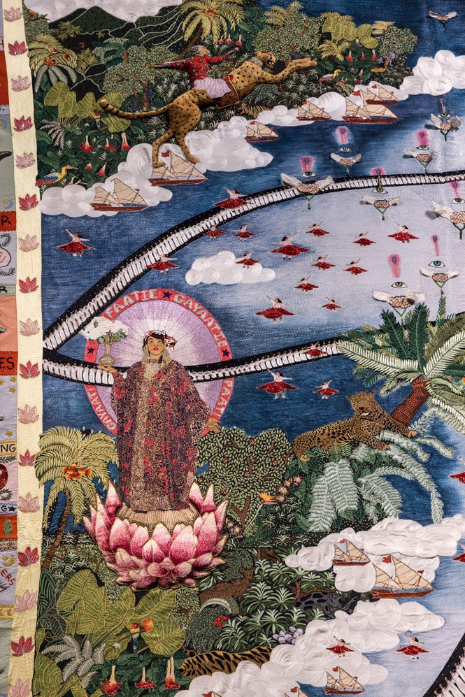 A close up of a tapestry depicting themes of sufic artwork