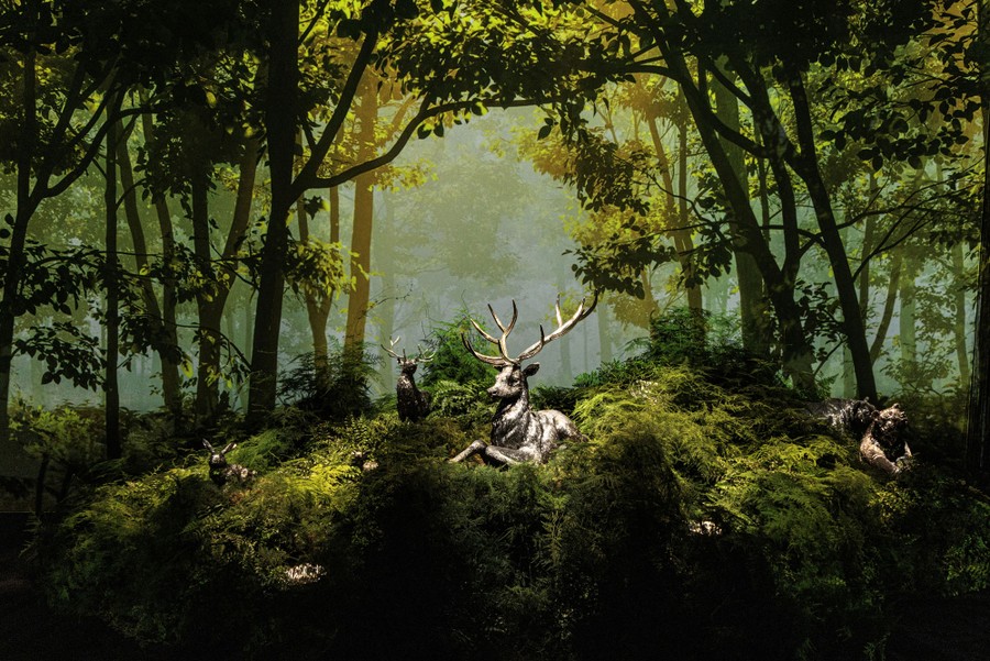 A staged scene of a thick forest, with several sculpted animals