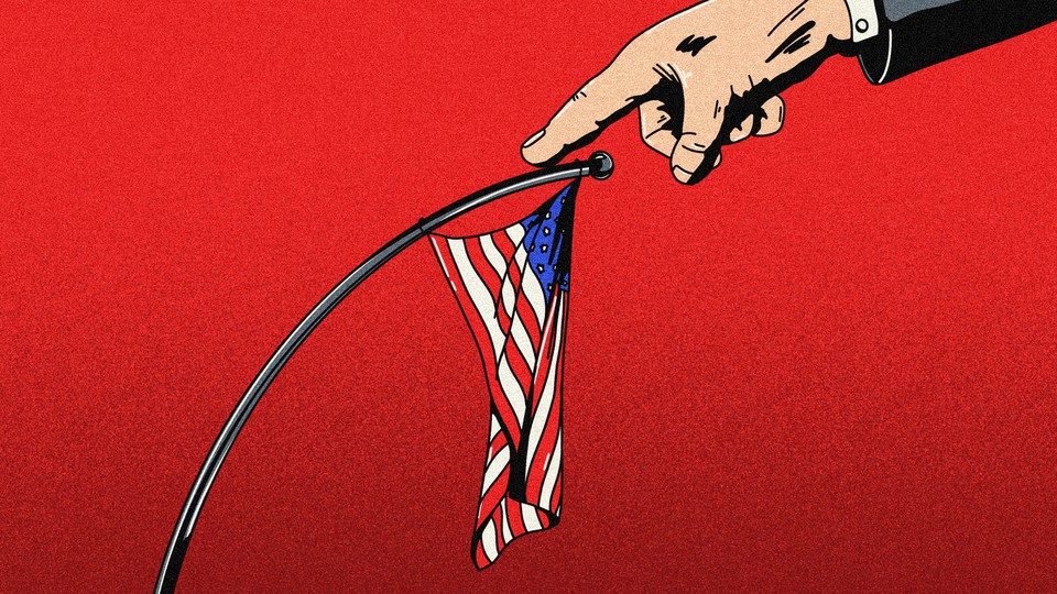 Illustration of a pointer finger pushing down on the top of a flagpole with American flag. The image is set to a red background.