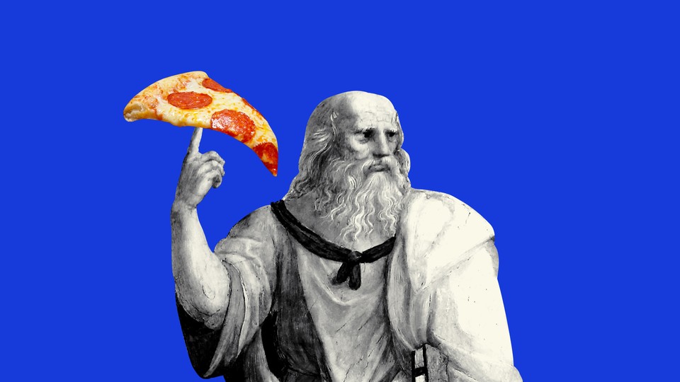 An illustration of Plato holding a slice of pizza