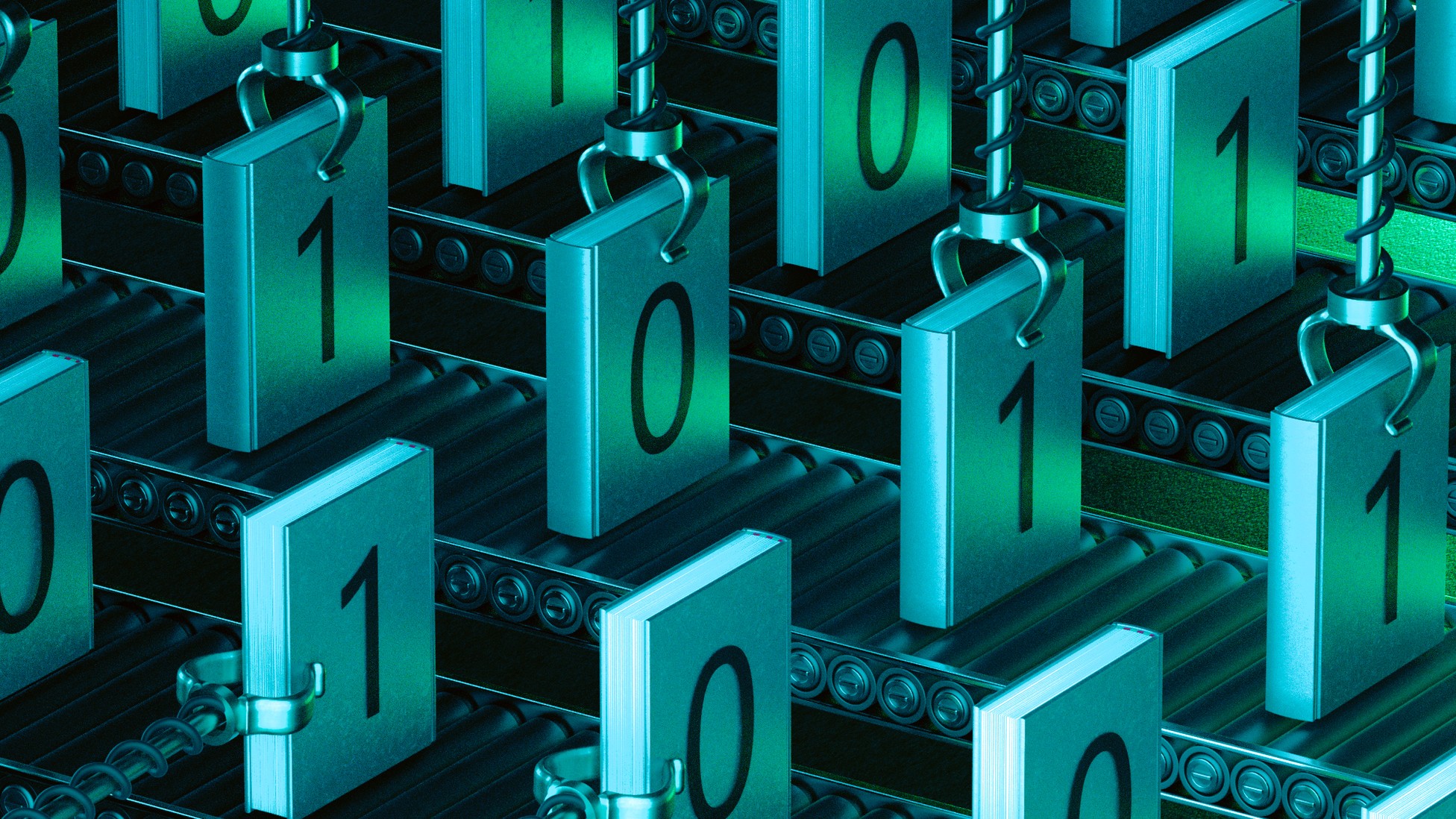illustration of books with coding 0s and 1s being grabbed on an assembly line