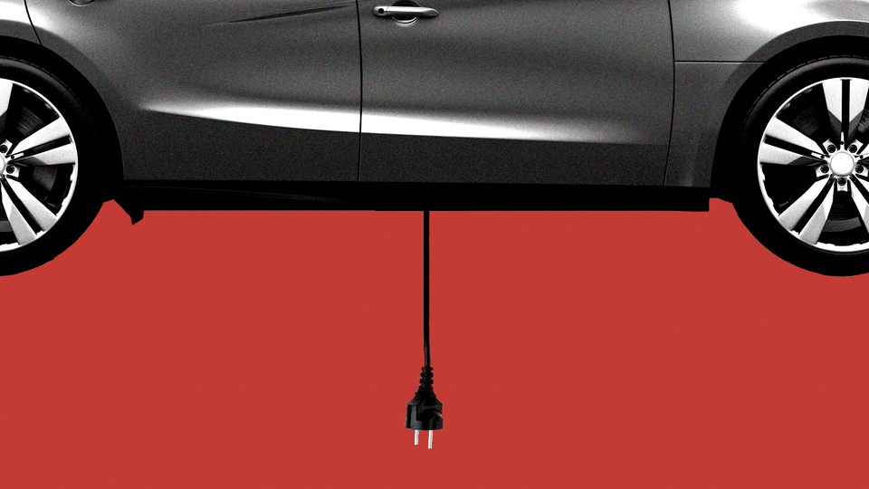 Illustration of a car with an electric plug hanging from its underside