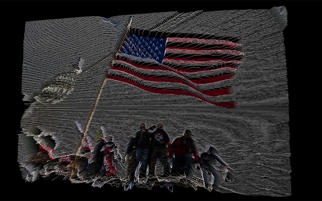 Illustration of insurrectionists holding an American flag in front of the U.S. Capitol