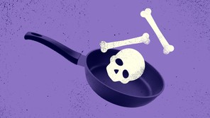 An illustration of a nonstick pan with a skull and bones in it