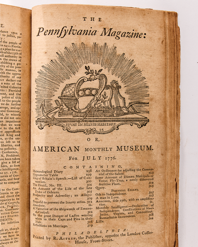 photo of the title page of The Pennsylvania Magazine, with engraved illustration of American symbols and table of contents including the Declaration, from July 1776