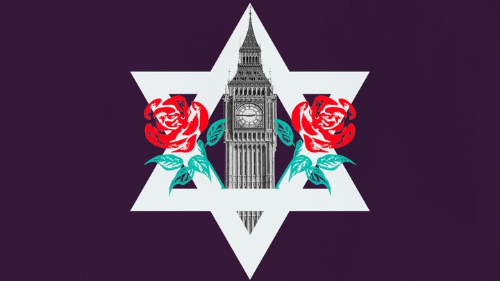 A combination of the Star of David, the Big Ben clock tower at Britain's Houses of Parliament, and the rose symbol of the British Labour Party.