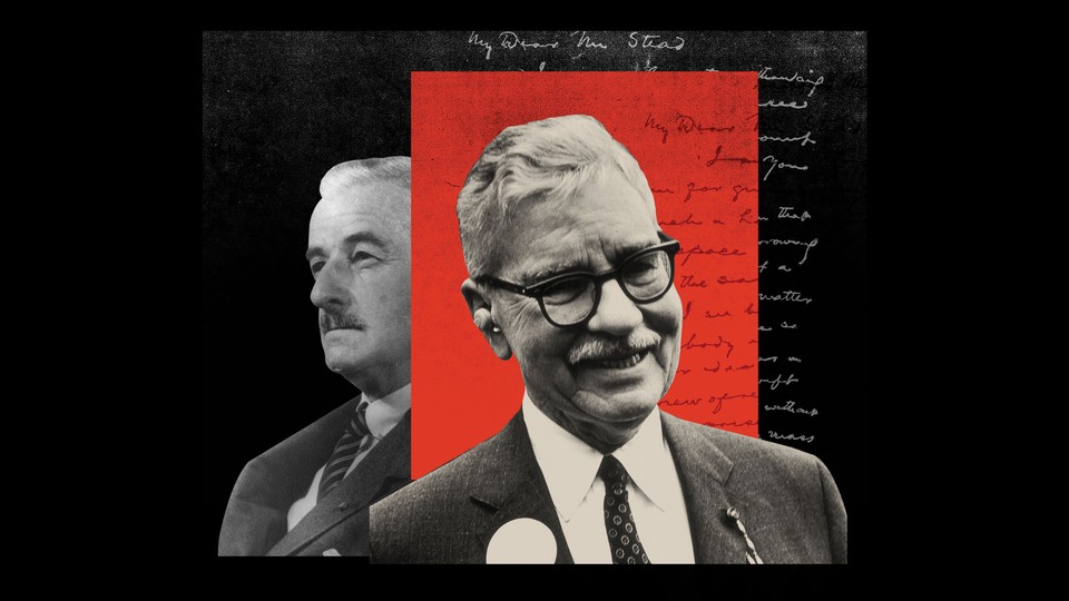 Photo-illustration with black-and-white images of Faulkner and Cowley, a handwritten letter, and a red rectangle on a black background.