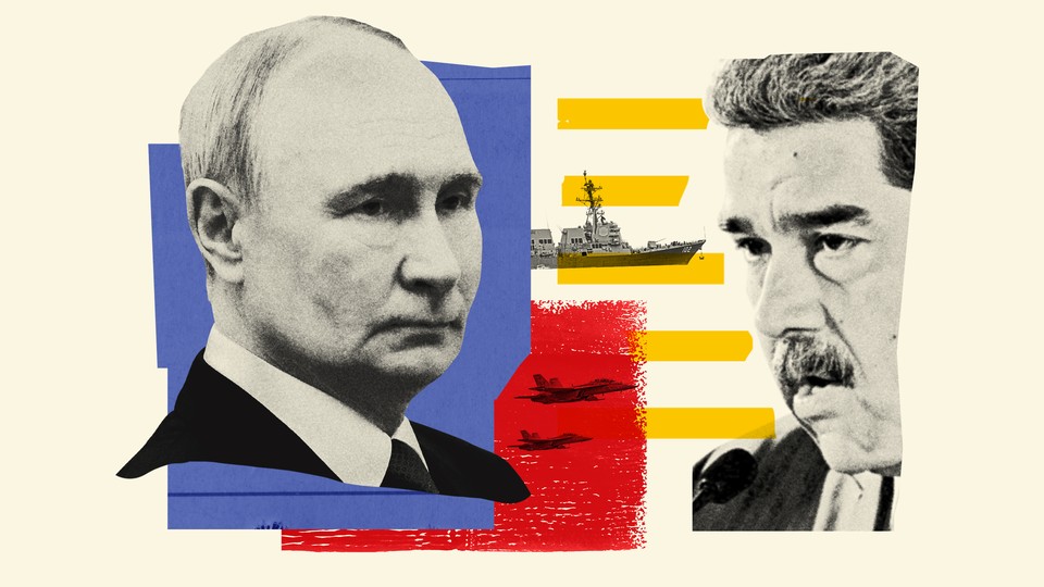 Graphic-illustration with black-and-white photos of Vladimir Putin and Nicolás Maduro overlaying purple, red, and yellow shapes and a warship and fighter jets in the background
