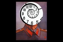 A bust of Stalin with a spiraling clock over his face.