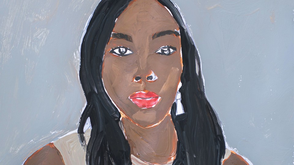 A portrait of a woman in her 30s is painted over a gray background. The woman looks straight ahead, serious. She has black hair to her shoulders, brown skin, brown eyes, and red lips. She is wearing a tan, sleeveless blouse. She has one earring in her left ear; her right is covered by her hair.