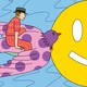 An illustration of a man in a striped outfit and fedora riding a polka-dot bird across an ocean, away from a frowny face and toward a smiley face