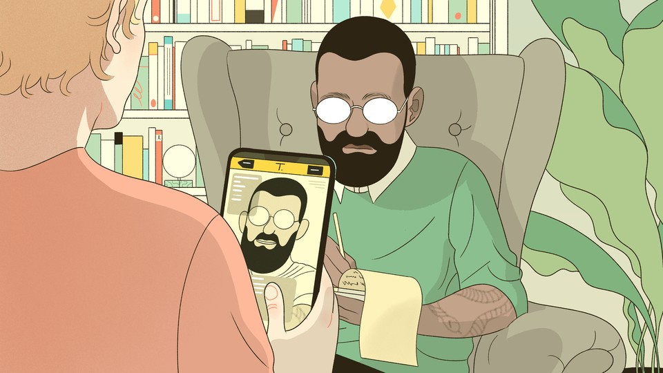 An illustration of a man looking at his therapist, while holding up his therapist's Grindr profile on his phone.
