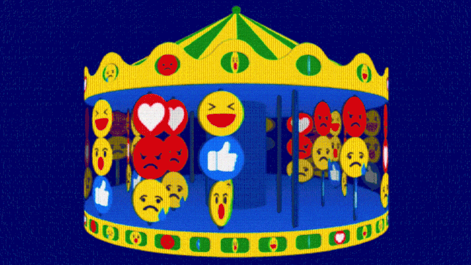 A carousel with turning emojis, thumbs-up symbols, and stick figures