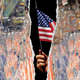 Detail of an illustration of a torn oil painting with numerous impressionist U.S. flags, with a hand reaching through the black v-shaped hole holding up a small U.S. flag.