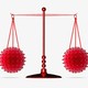 An illustration of red scales of justice balancing two coronaviruses.