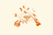 Dark-orange illustration of a woman's hand (at left) wearing an oversize diamond ring, being tapped by a man's hand (at right) with a magic wand; cash bills fly around in the background.
