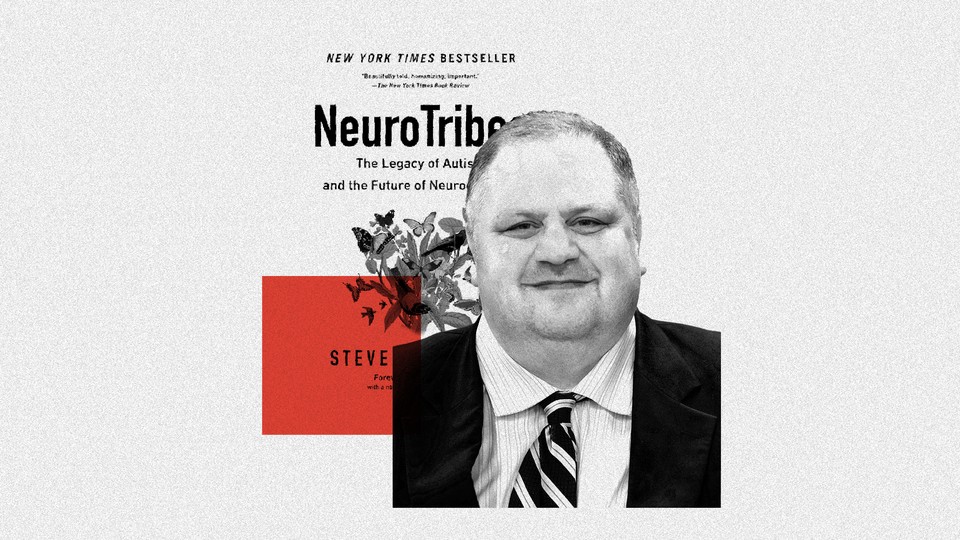 Steve Silberman in front of the cover of his book