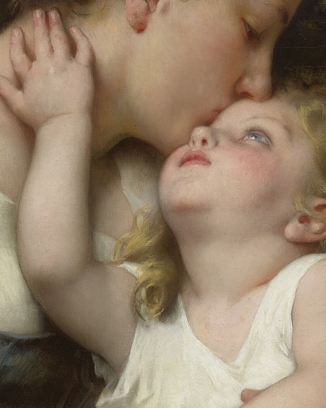 A close-up of a painting of a mother and her child embracing