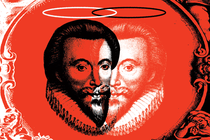 overlapping reversed engraved images of John Donne, one in black and one in white, with halos surrounded by cupids and ornamental border on red background