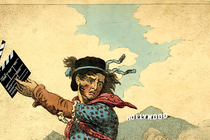 A 19th-century Luddite wields a clapperboard with the Hollywood sign in the background.