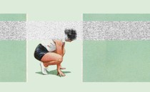 An abstract image depicting a squatting runner whose head is stuck in a band of fuzzy static